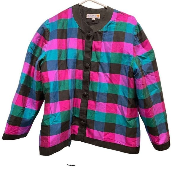 Piankusol Women’s Jacket Taffeta 100% Thai Silk Plaid Collarless Jewel Tones Siz - Picture 1 of 7